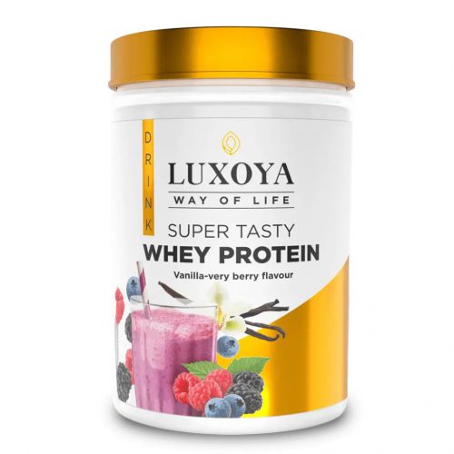 Luxoya Super Tasty Whey Protein Vanília-erdei gyümölcs ízű 450g